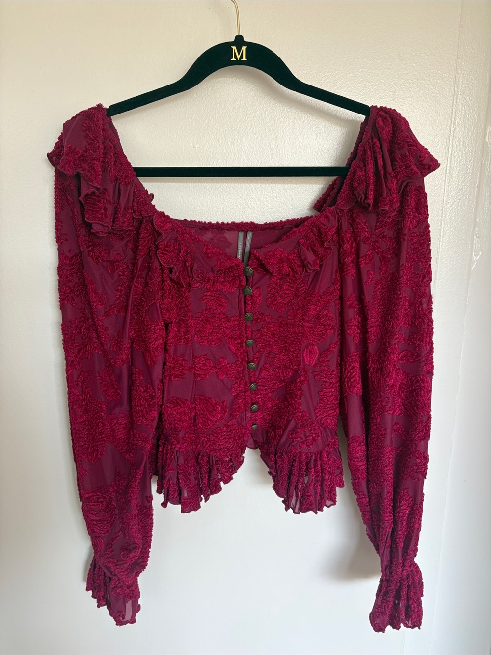Anthropologie Textured Ruffled Button-Front Blouse in Berry